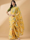 Mustard Chiffon Floral Printed Saree with Stitched Blouse - Dharavi