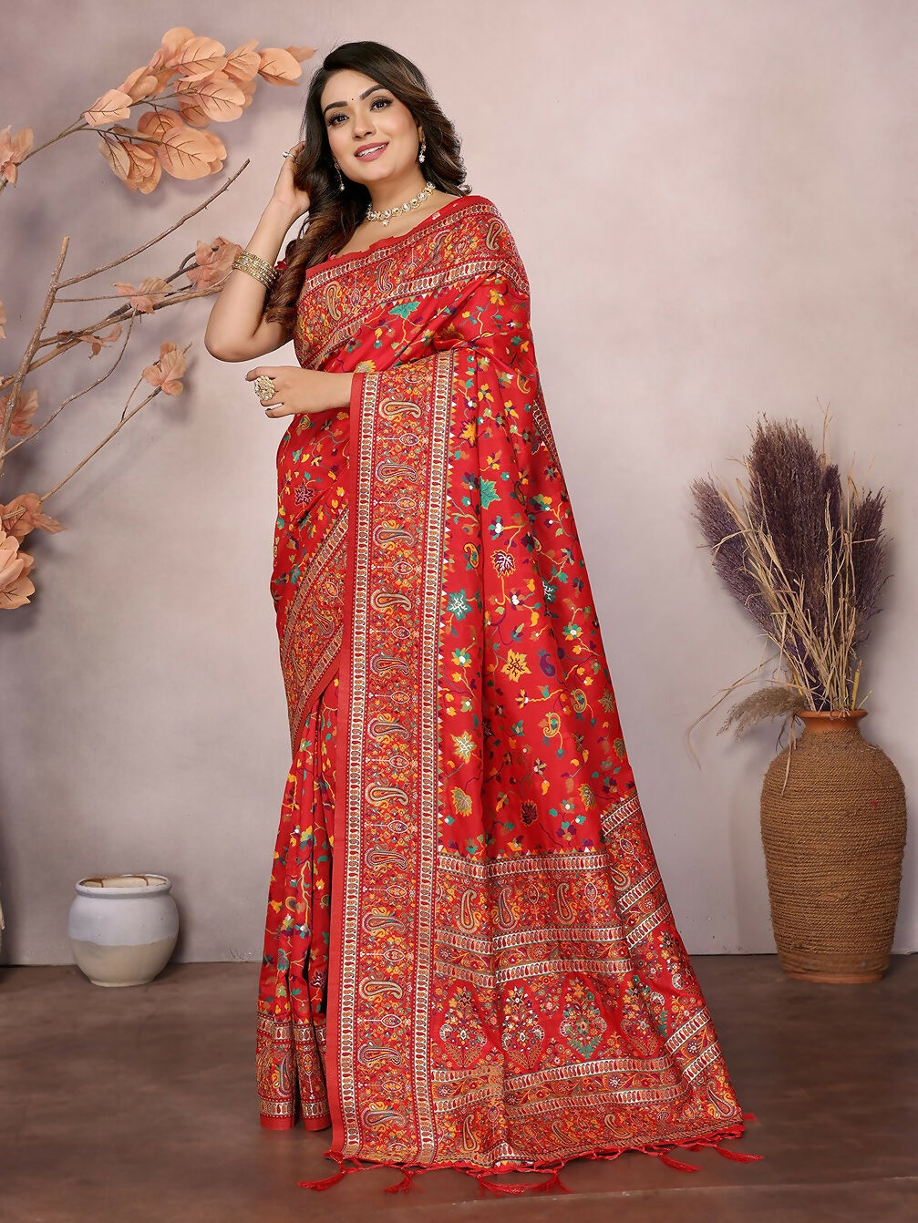 Joban Fashion Red Meena Weaves Pashmina Sarees