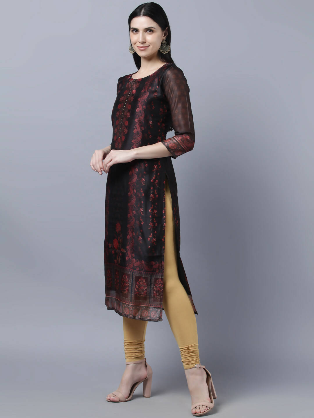 Myshka Women Black Red Floral Printed Chanderi Silk Kurta