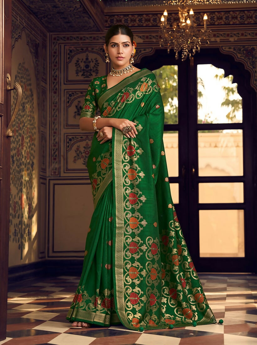 Monjolika Fashion Dark Green Silk Blend Banarasi Zari Work Classic Saree