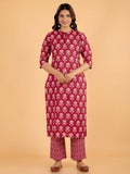 Aramya Pink Soft Cotton Block Print Straight Kurta Set for Women