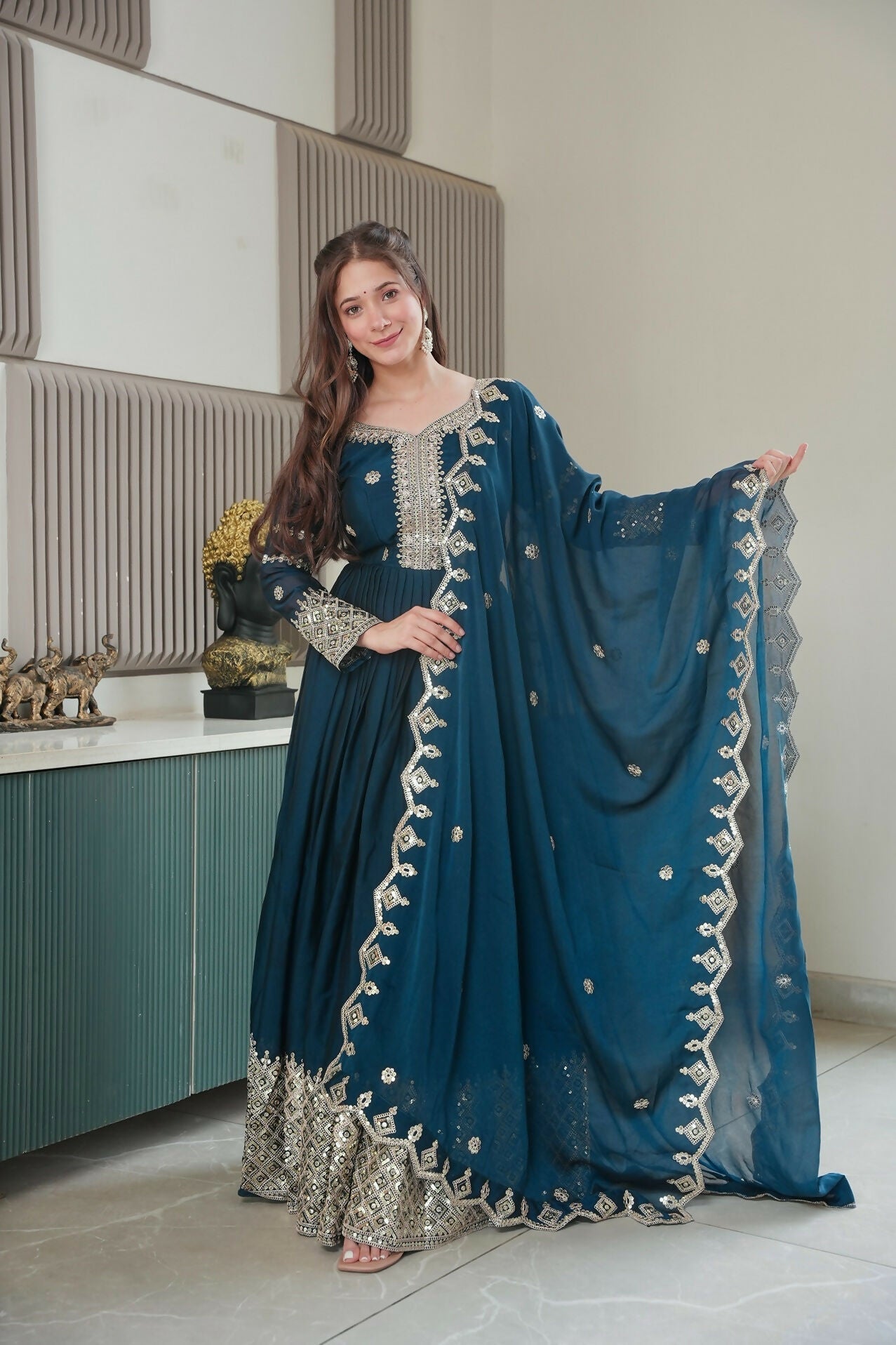 Teeya Creation Teal Color Heavy Crush Silk Wedding Wear Embroidery Work Long Gown