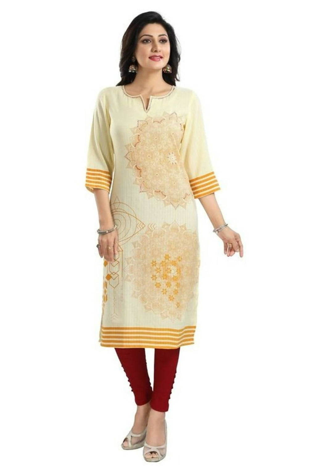 Snehal Creations Yellow Rayon Textured Print Long Kurta For Women