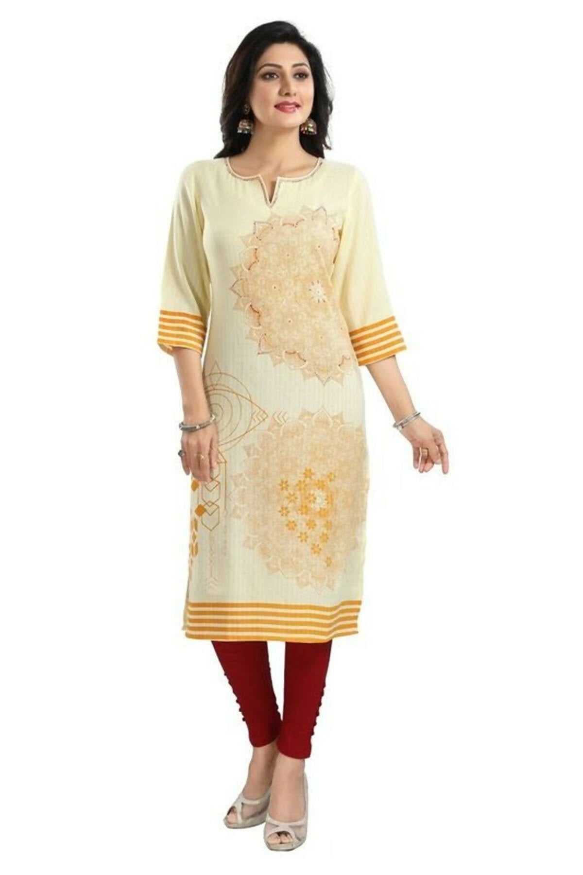 Snehal Creations Yellow Rayon Textured Print Long Kurta For Women