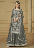 Stone Grey Embroidered Georgette Gharara Style Suit - Emponline