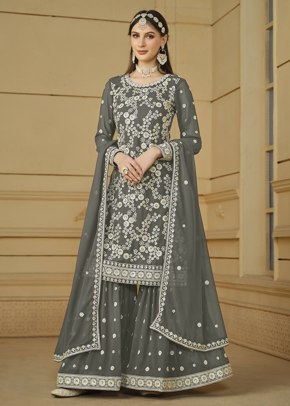 Stone Grey Embroidered Georgette Gharara Style Suit - Emponline