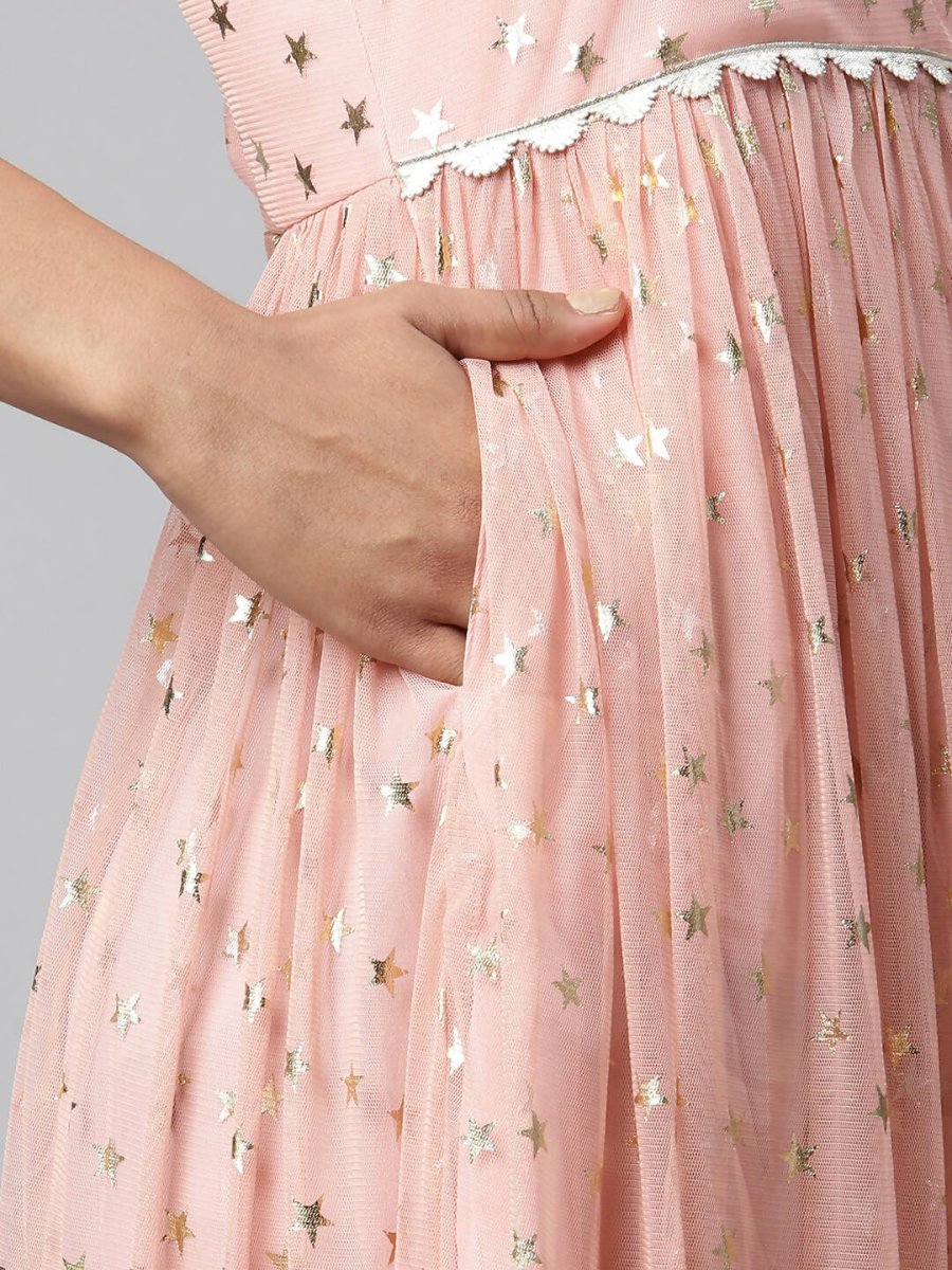 Ahalyaa Women Pink Net Gold Foil Print Dress