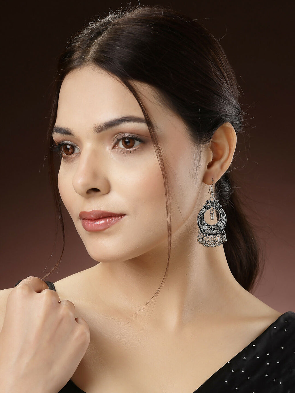 NVR Women's Set of 3 Silver-Toned German Silver Oxidised Dome Shaped Jhumka Earrings