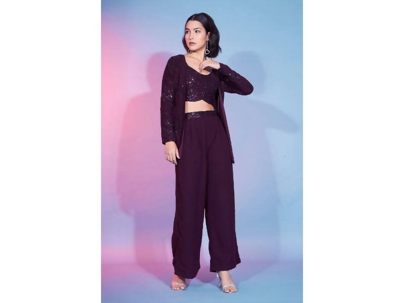 Maroon Georgette Sequence With Thread Designer Co-Ord Set - Flory