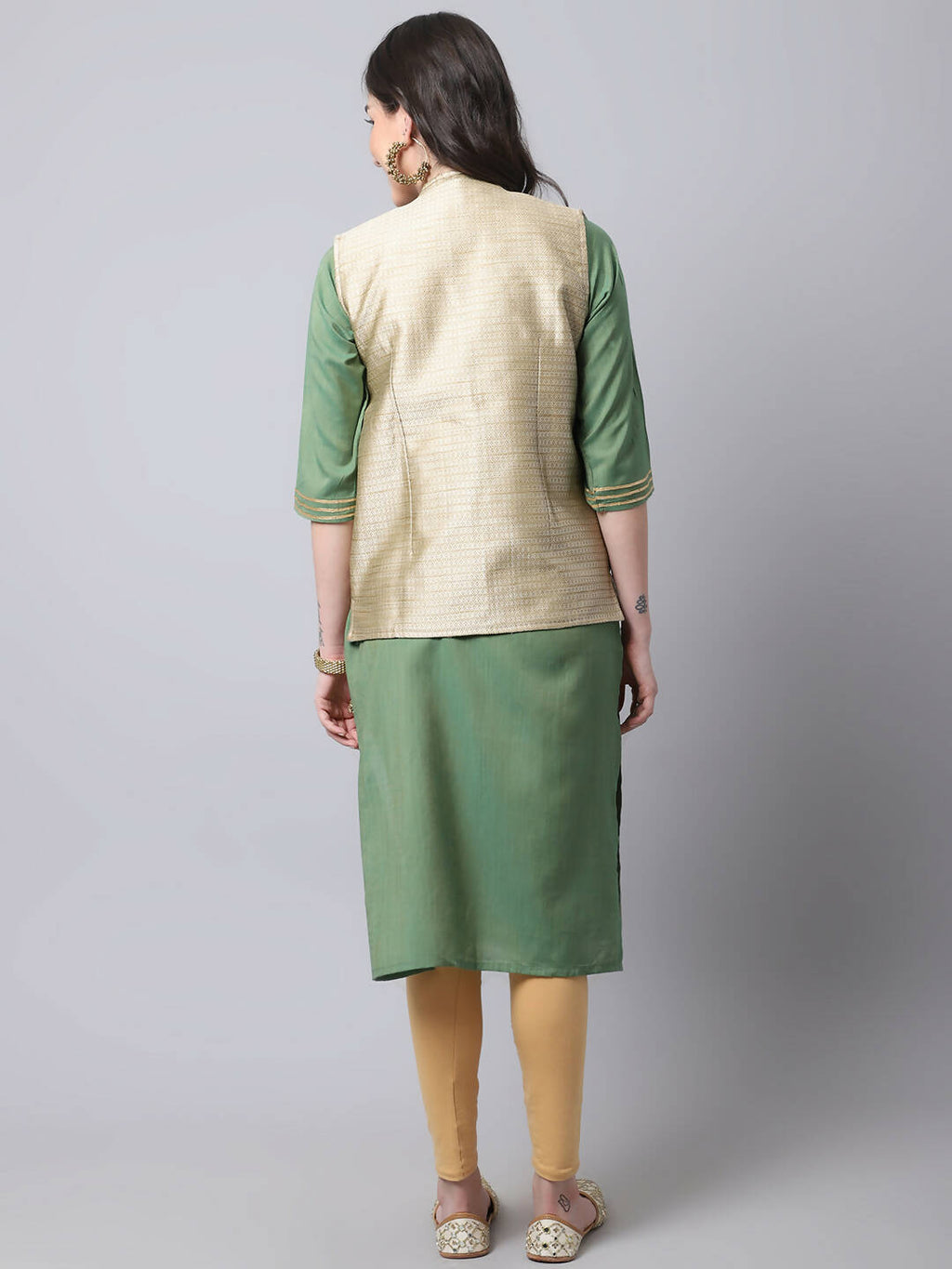 Even Apparels Beige Bansari Silk Open Front Gillet