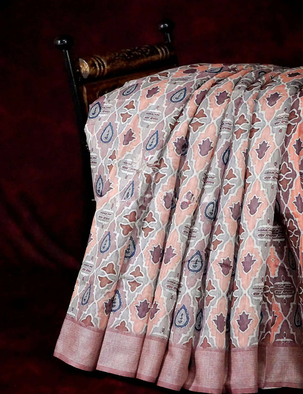 Grey And Peach Colour Ikat Design Semi Chanderi Saree By Gayathri Reddy Designer Studio