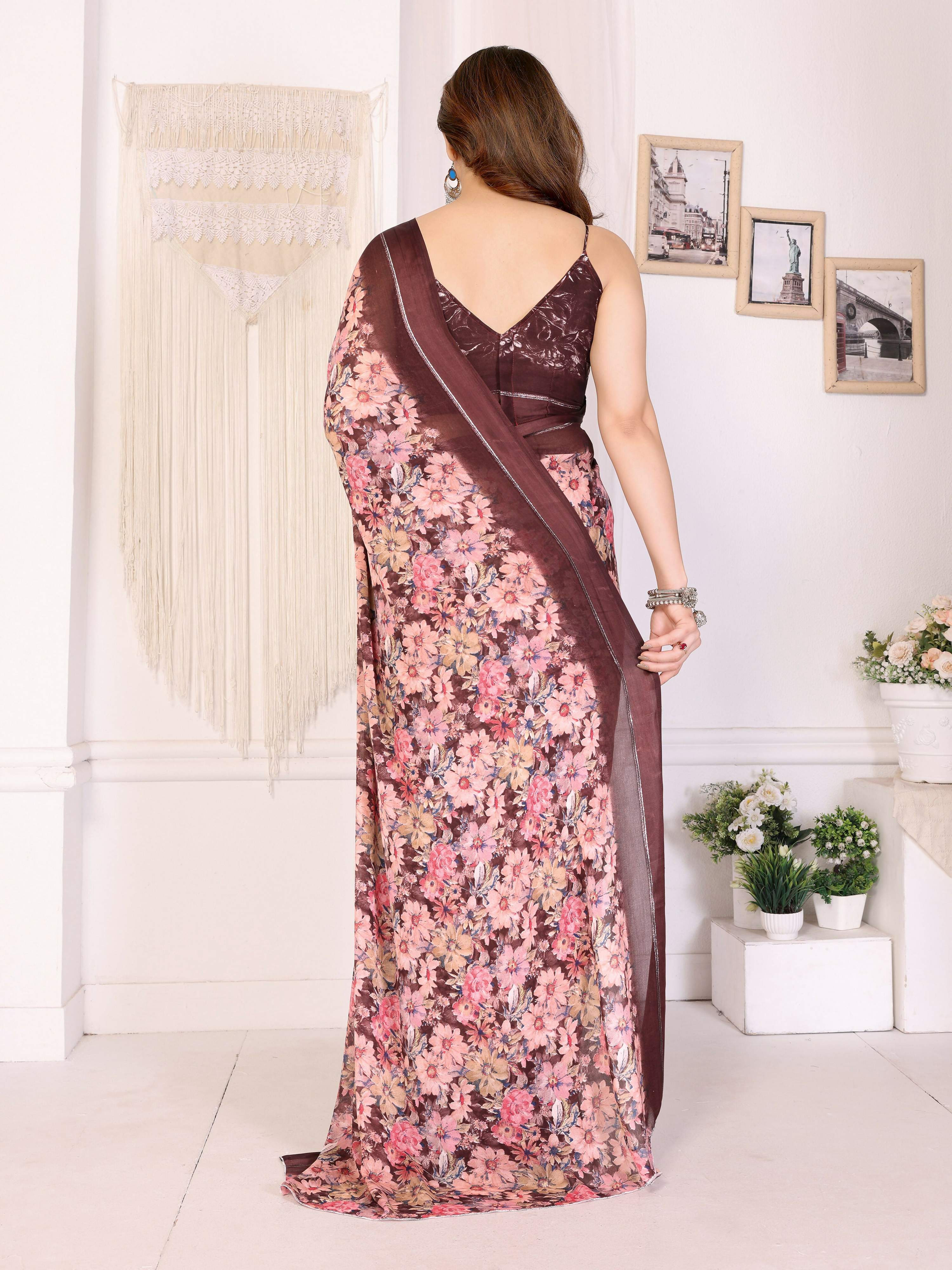 PR Fashion Maroon Bright Moss Satin Patta Printed Saree