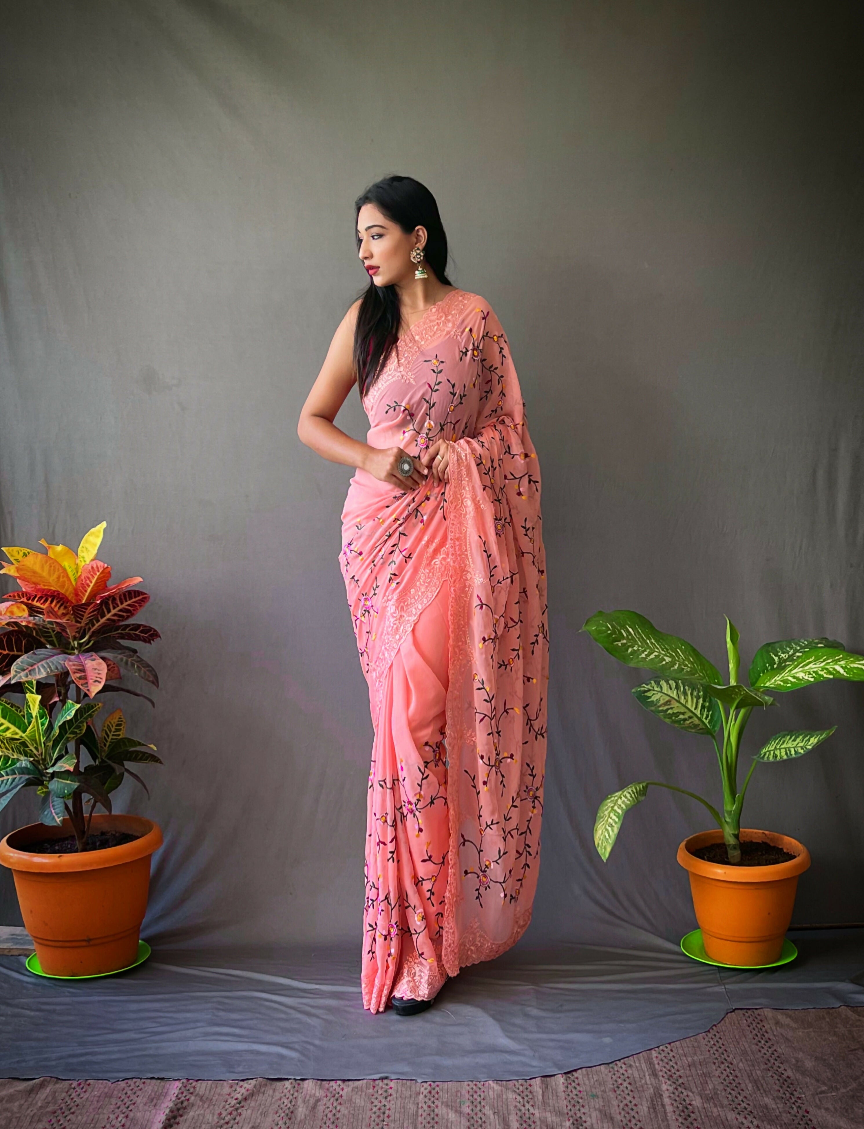 Vamsee Pearl 1 Peach Georgette Saree