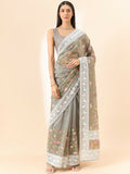 Grey Organza Floral Embroidered Saree with Unstitched Blouse Piece - Roozal