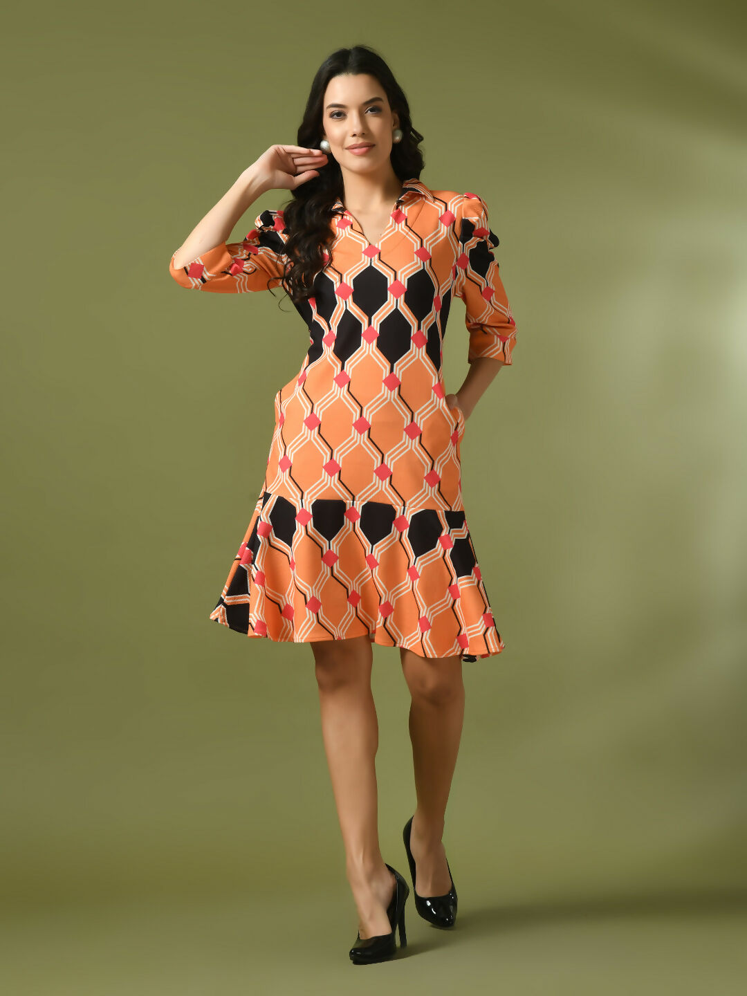 Myshka Women's Multi Printed Shirt Collar Fit and Flare Party Dress