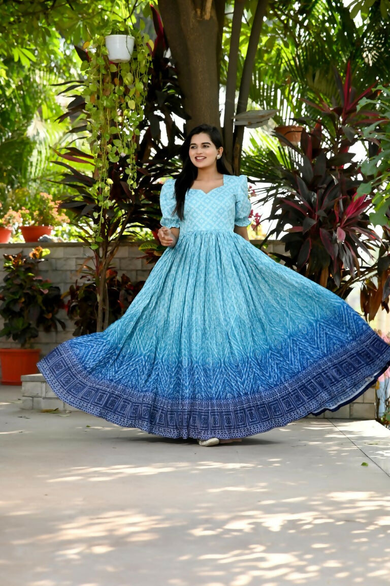 Jyoti Fashion Women's Sky Blue Bandhej Print with Crush Pleating Muslin Anarkali Dress