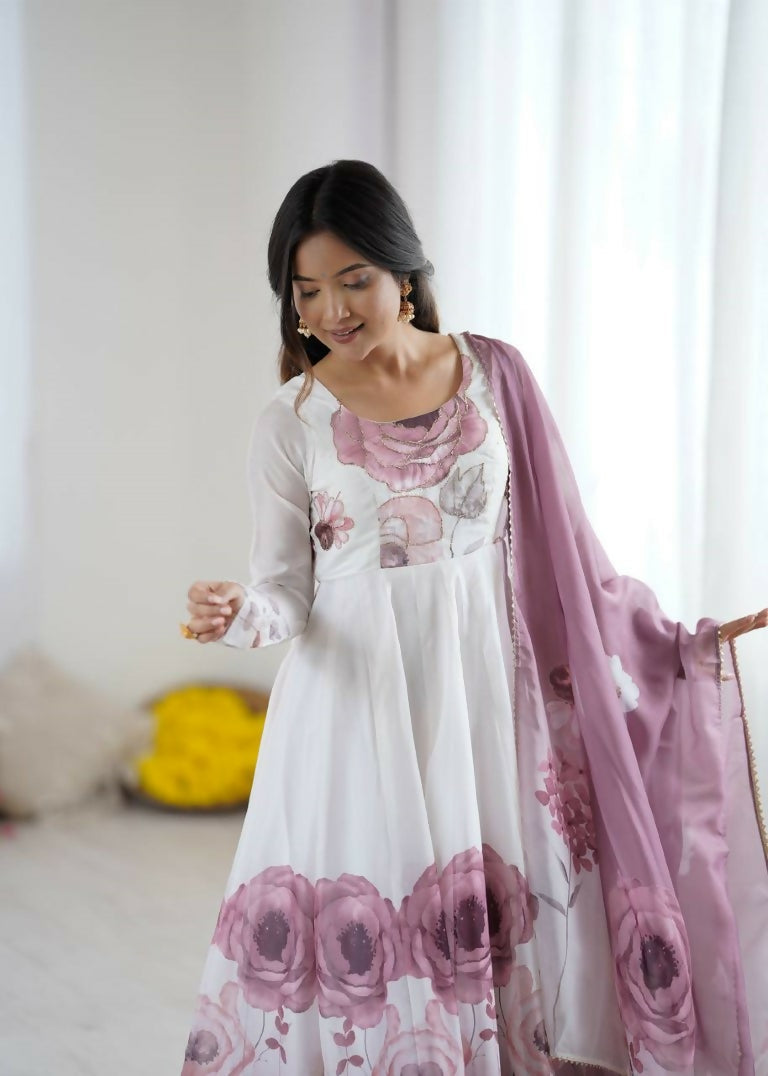 Teeya Creation Onion Color Soft organza Silk Digital Print Party Wear Gown