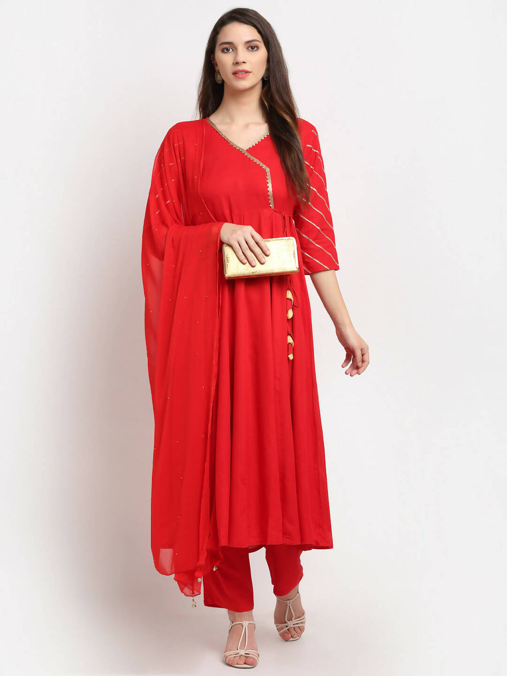 Rudra Bazaar Red Anarkali Kurti & Pyjamas With Dupatta