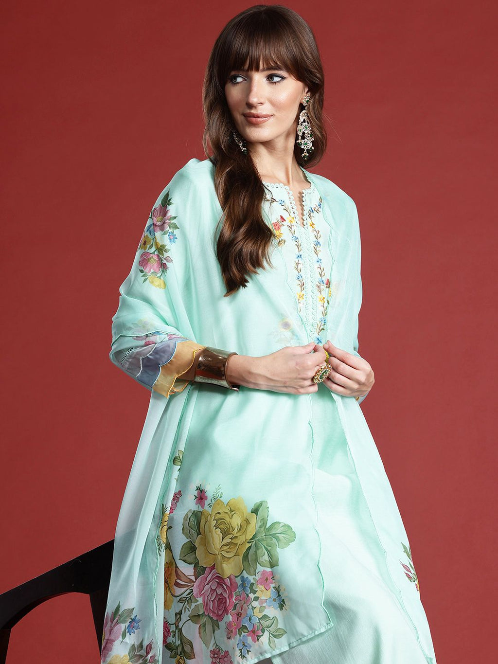 Indo Era Floral Embroidered Thread Work Kurta with Trousers & With Dupatta