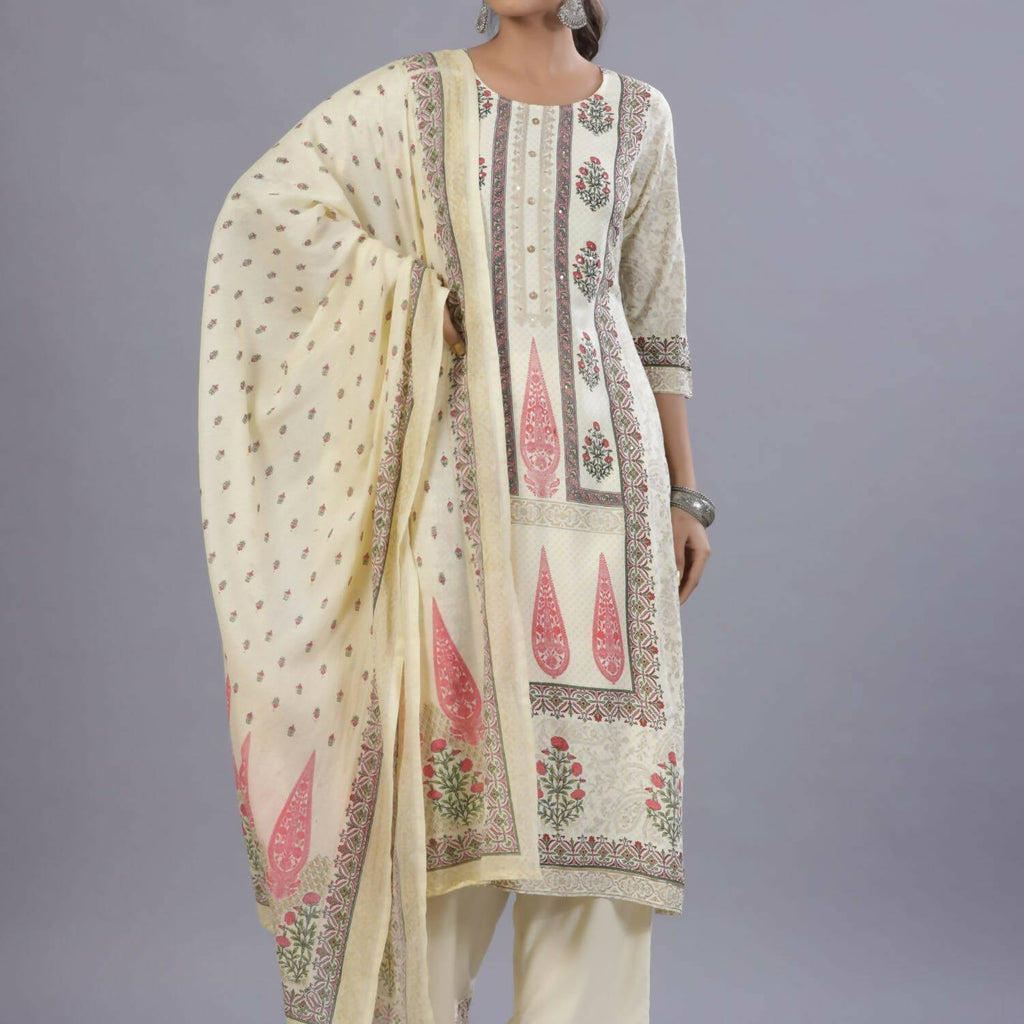 Juniper Women Yellow Rayon Printed Kurta, Pants and Dupatta Set