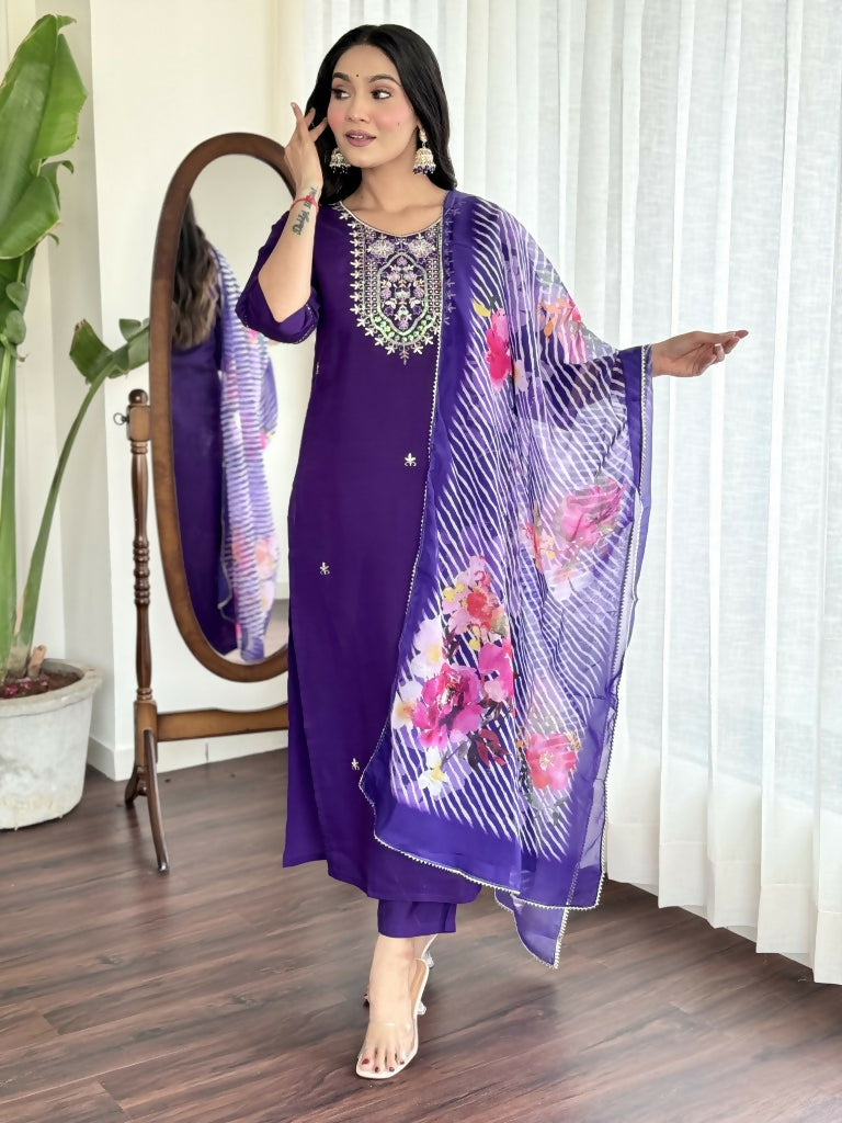 Blue Viscose Chanderi Stitched Suit With Dupatta - Tanisha