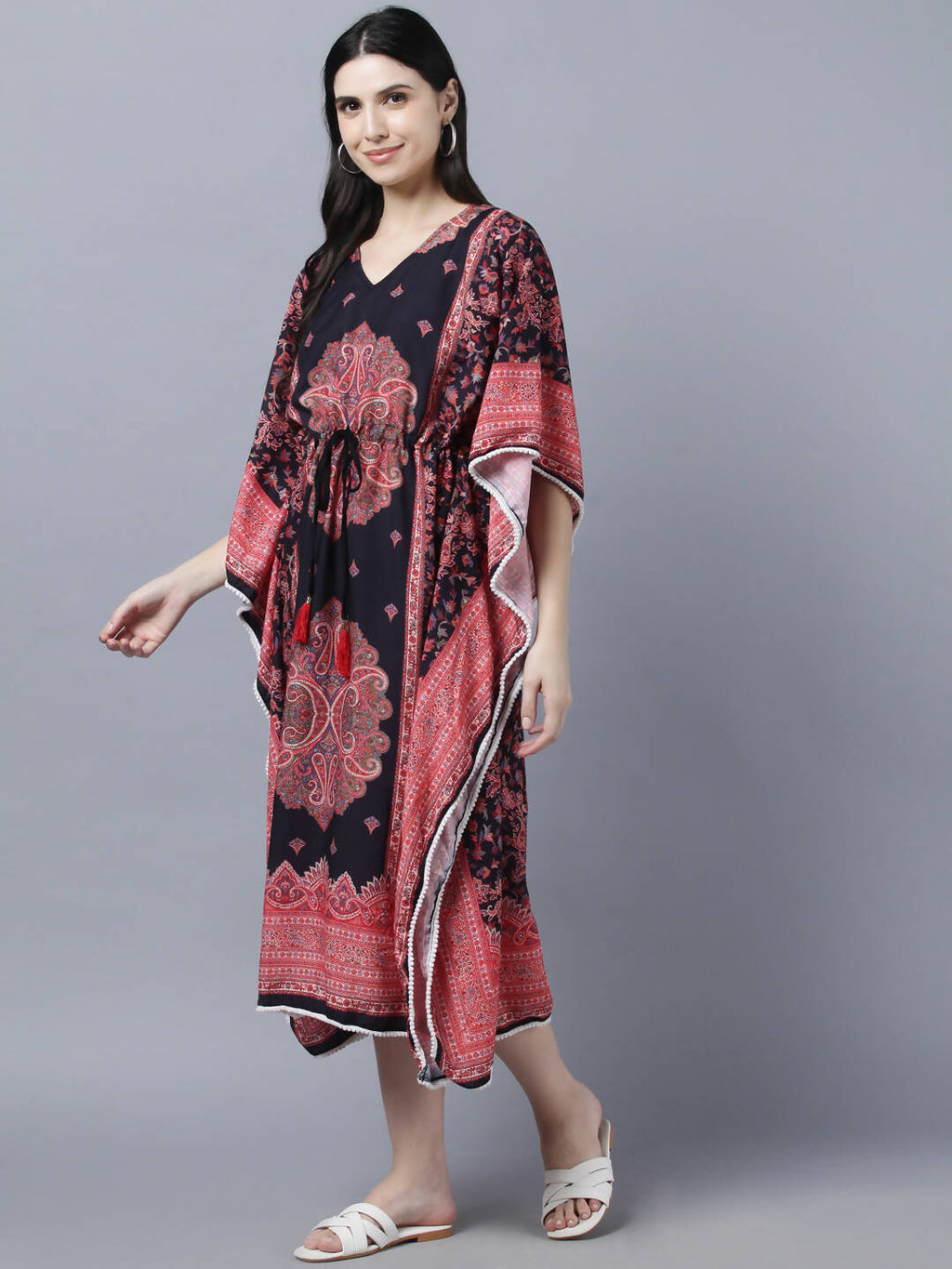 Myshka Peach-Coloured Purple Floral Kaftan Midi Dress
