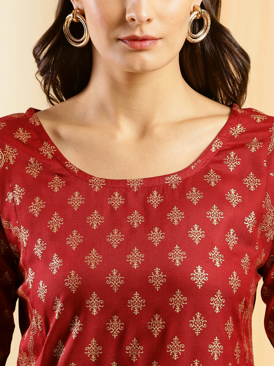 Maroon & Gold-Toned Viscose Rayon Ethnic Motifs Printed Kurta - Mamta