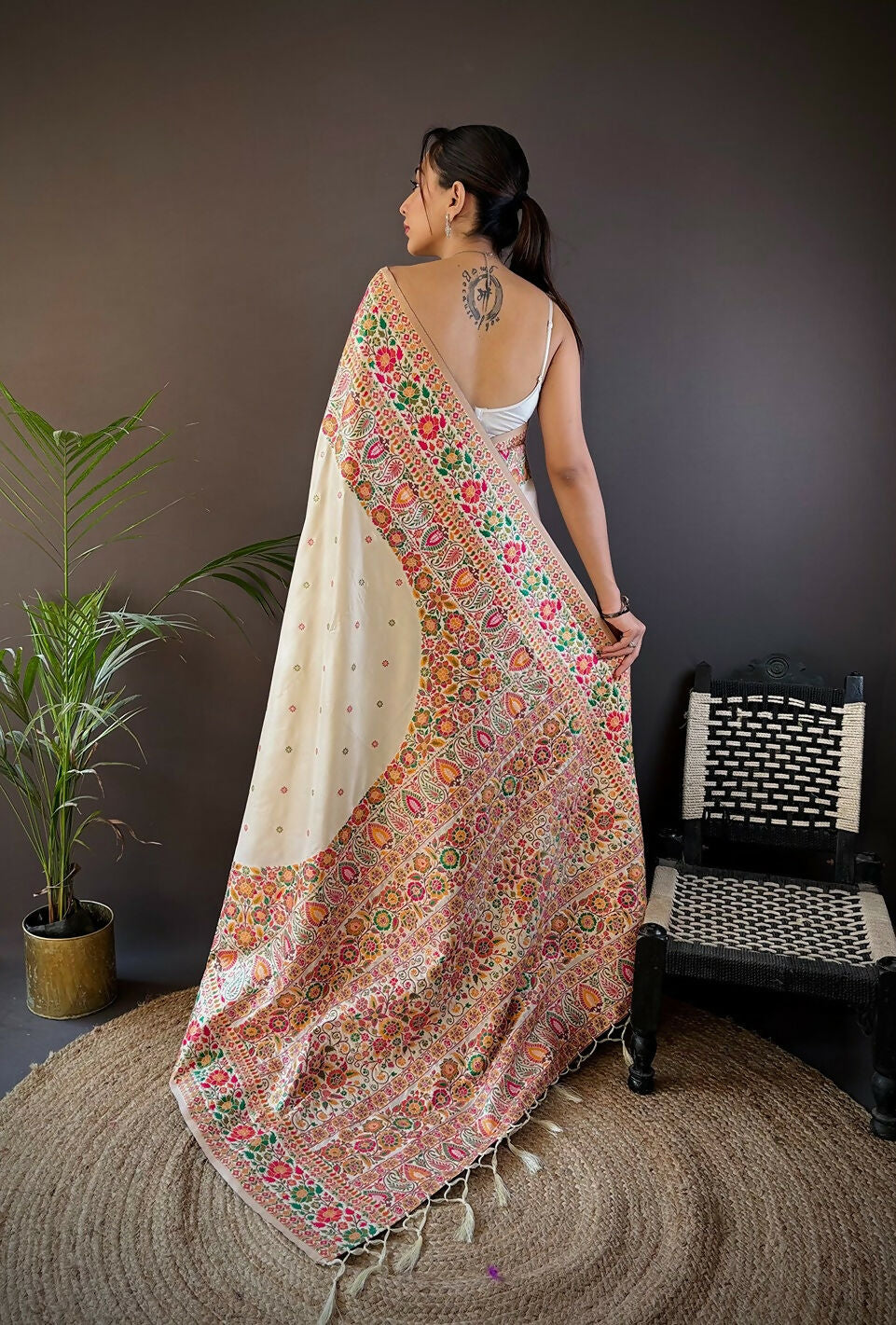 Joban Fashion White Meena Weaves Pashmina Sarees