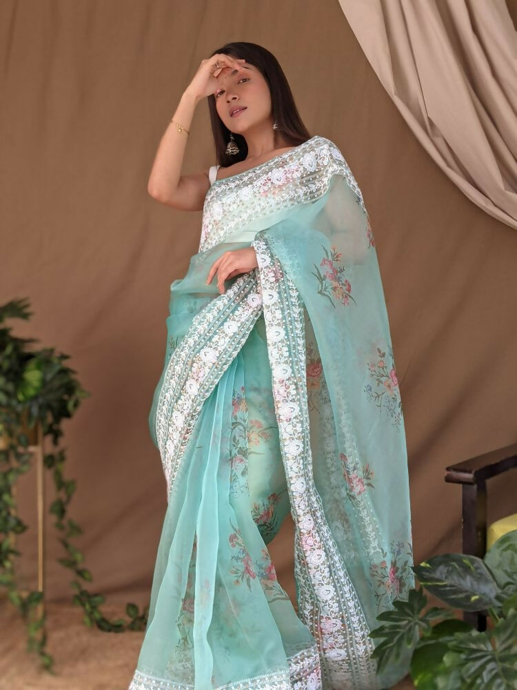 Vamsee White Border C-Green Organza Saree