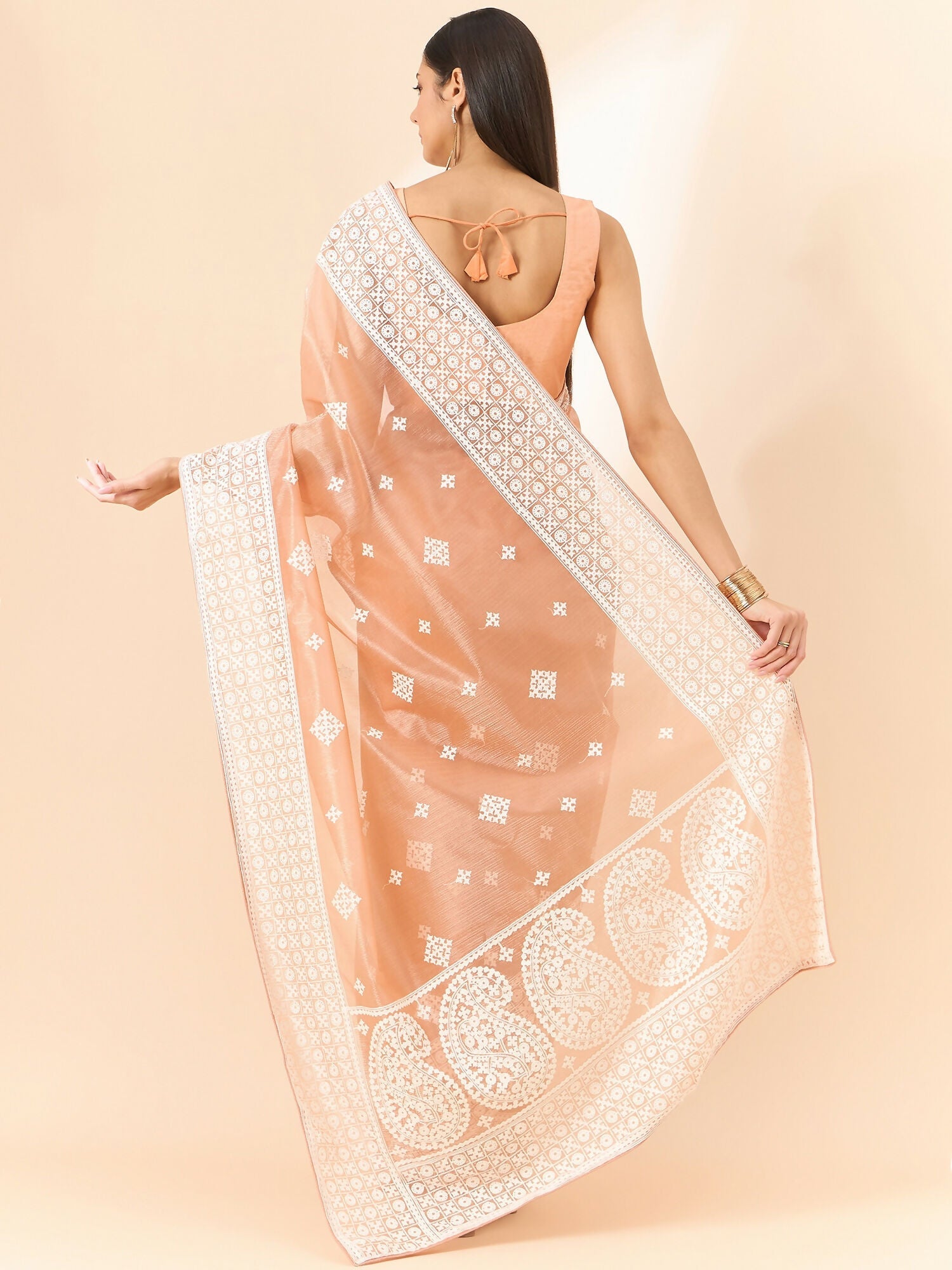 Peach Organza Geometric Embroidered Saree with Unstitched Blouse Piece - Roozal