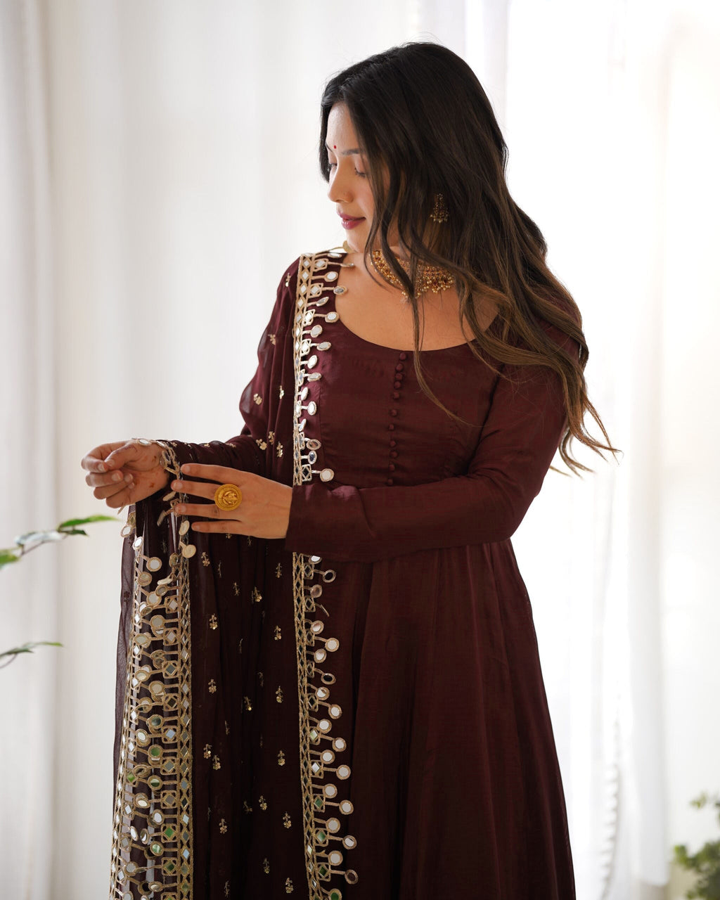 Teeya Creation Dark Coffee Color Roma Silk Chnaderi Real Mirror Work Fully Stitched Gown