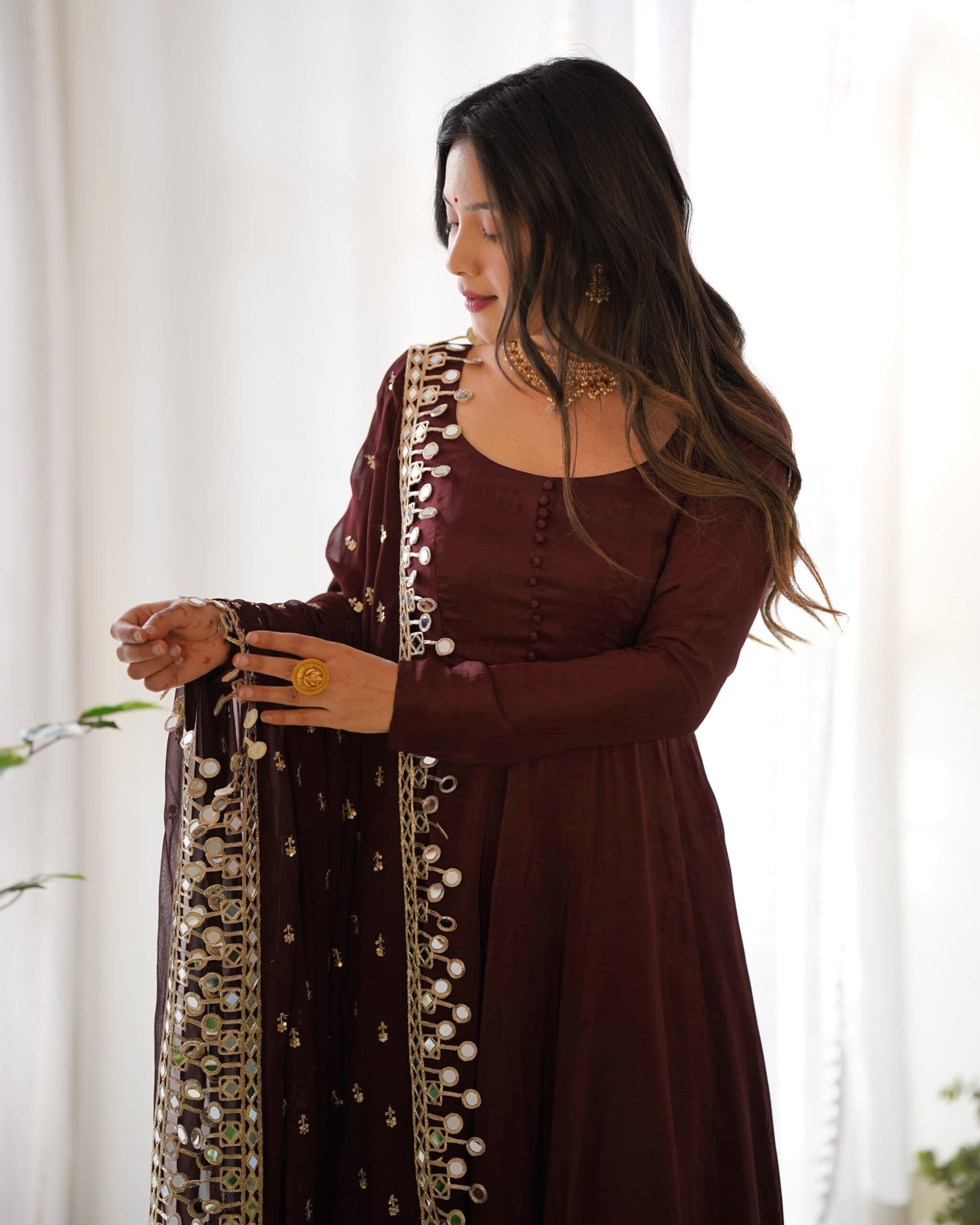 Teeya Creation Dark Coffee Color Roma Silk Chnaderi Real Mirror Work Fully Stitched Gown