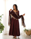 Teeya Creation Dark Coffee Color Roma Silk Chnaderi Real Mirror Work Fully Stitched Gown