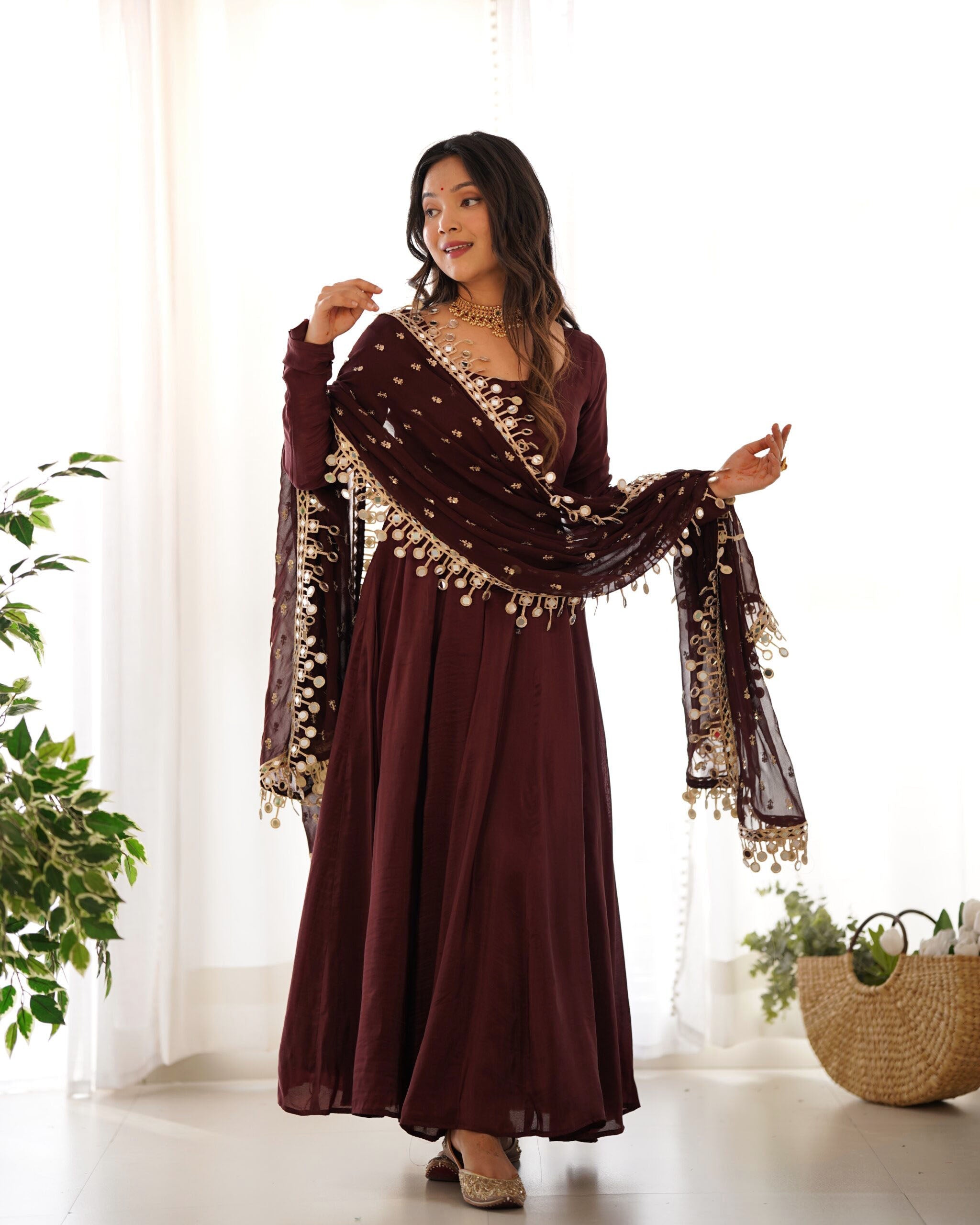 Teeya Creation Dark Coffee Color Roma Silk Chnaderi Real Mirror Work Fully Stitched Gown