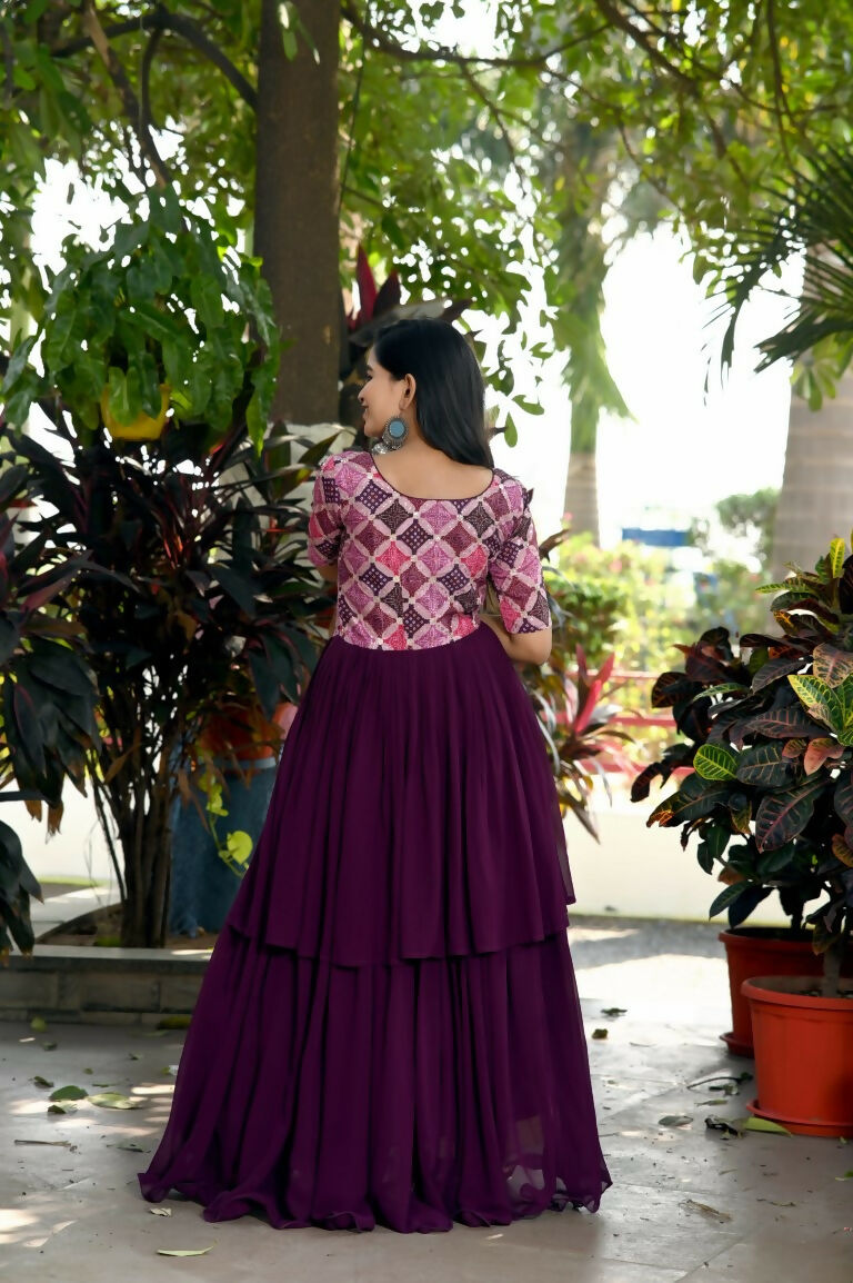 Jyoti Fashion Women's Wine Printed with Sequins Faux Blooming Anarkali Dress