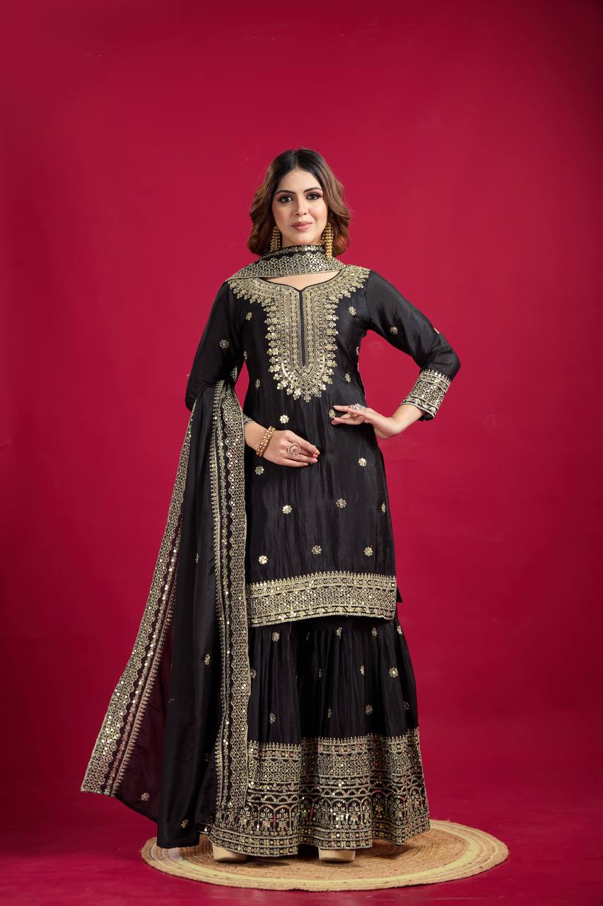 Lehenga Mart Chinon Silk Embroidery Sequence Work Top-Palazzo And Dupatta Set - Black