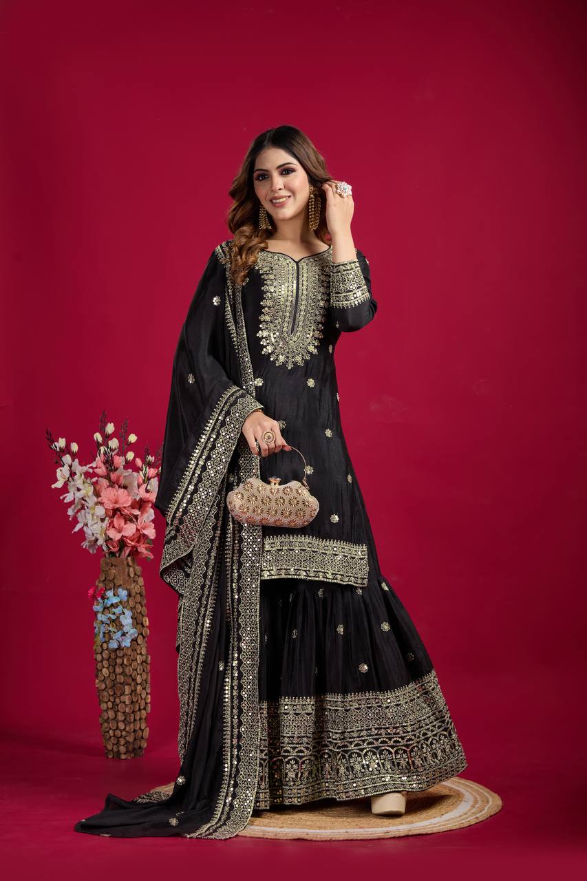 Lehenga Mart Chinon Silk Embroidery Sequence Work Top-Palazzo And Dupatta Set - Black