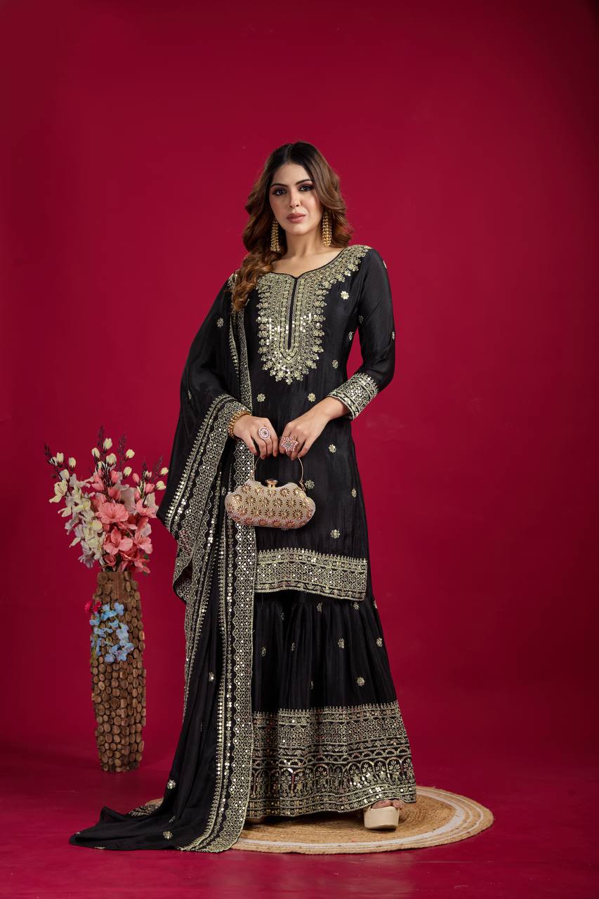 Lehenga Mart Chinon Silk Embroidery Sequence Work Top-Palazzo And Dupatta Set - Black