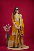 Lehenga Mart Chinnon Silk Embroidery Sequence Work Top-Palazzo And Dupatta Set