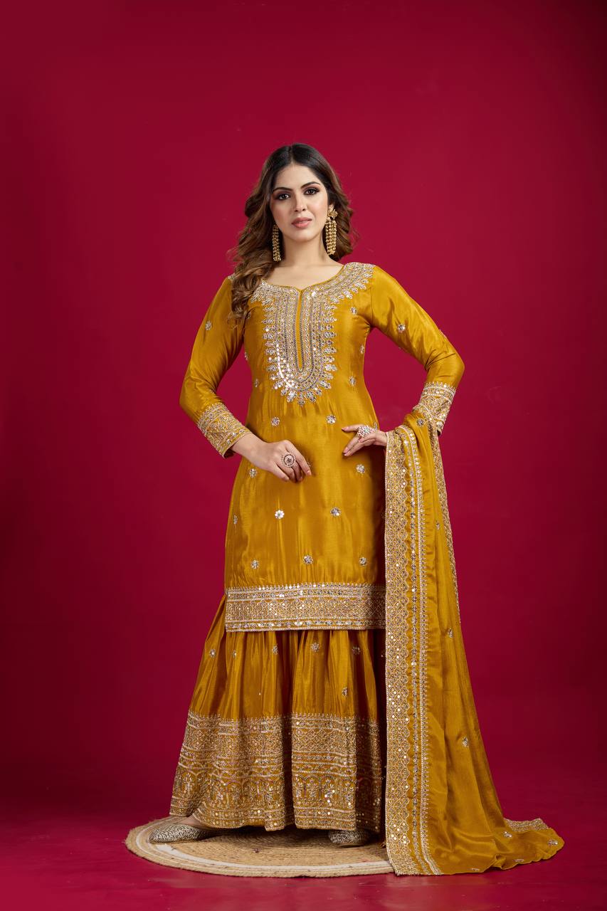 Lehenga Mart Chinon Silk Embroidery Sequence Work Top-Palazzo And Dupatta Set - Mustard