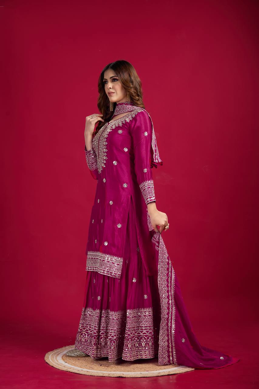 Lehenga Mart Chinon Silk Embroidery Sequence Work Top-Palazzo And Dupatta Set - Rani Pink