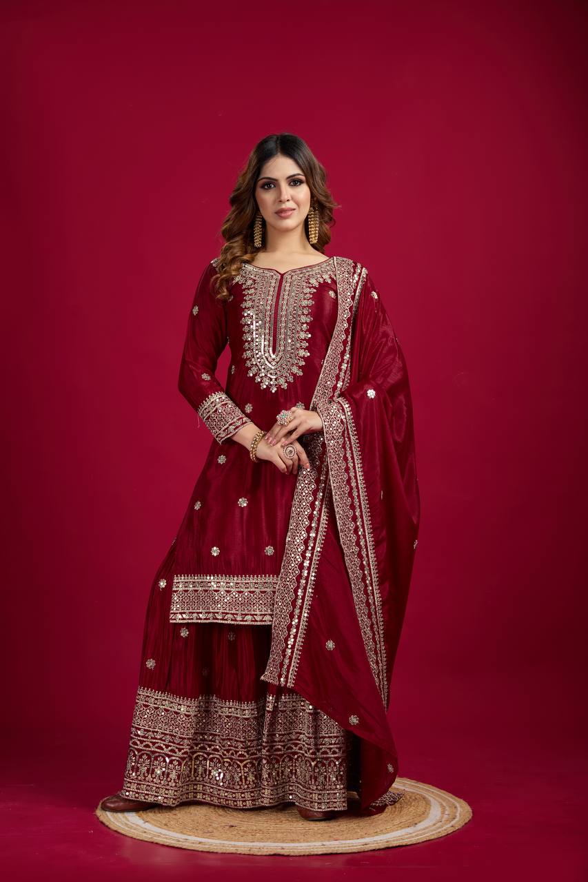 Lehenga Mart Chinnon Silk Embroidery Sequence Work Top-Palazzo And Dupatta Set