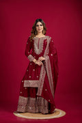 Lehenga Mart Chinon Silk Embroidery Sequence Work Top-Palazzo And Dupatta Set - Red