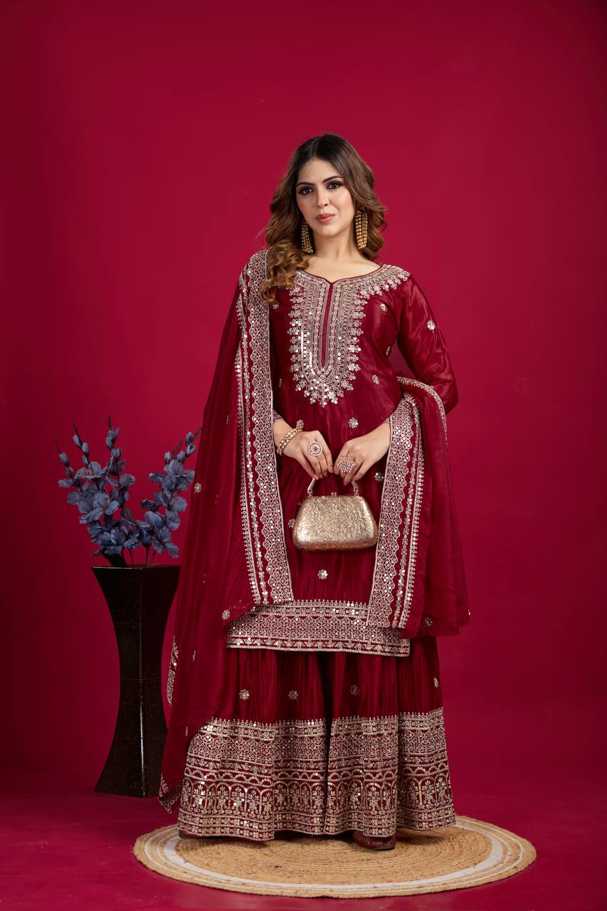 Lehenga Mart Chinon Silk Embroidery Sequence Work Top-Palazzo And Dupatta Set - Red