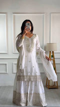 Lehenga Mart Chinon Silk Embroidery Sequence Work Top-Palazzo And Dupatta Set - White