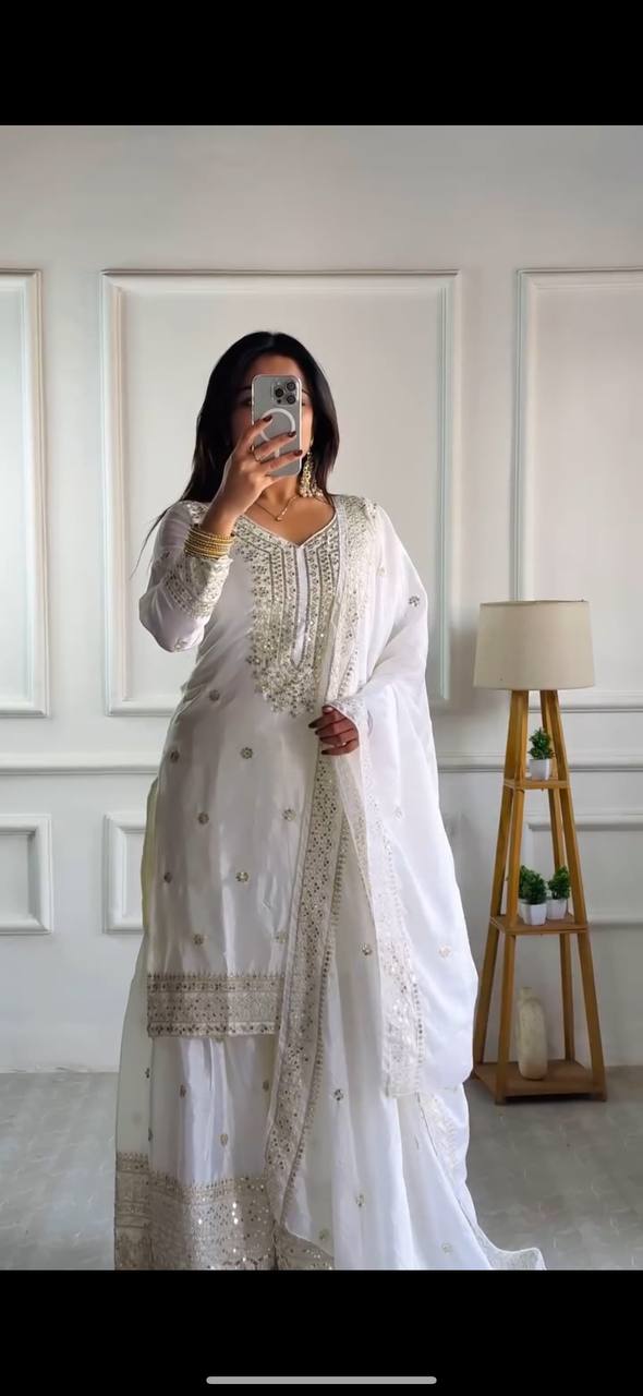 Lehenga Mart Chinon Silk Embroidery Sequence Work Top-Palazzo And Dupatta Set - White