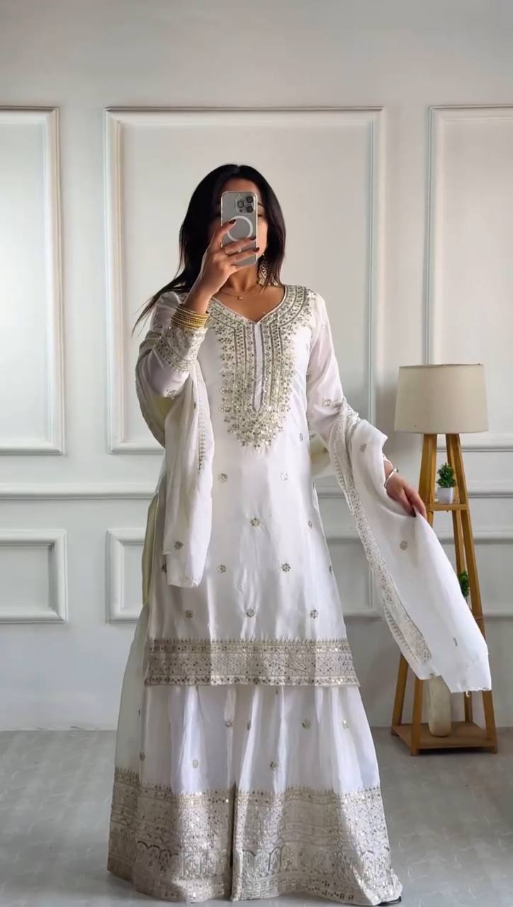 Lehenga Mart Chinon Silk Embroidery Sequence Work Top-Palazzo And Dupatta Set - White