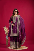 Lehenga Mart Chinnon Silk Embroidery Sequence Work Top-Palazzo And Dupatta Set