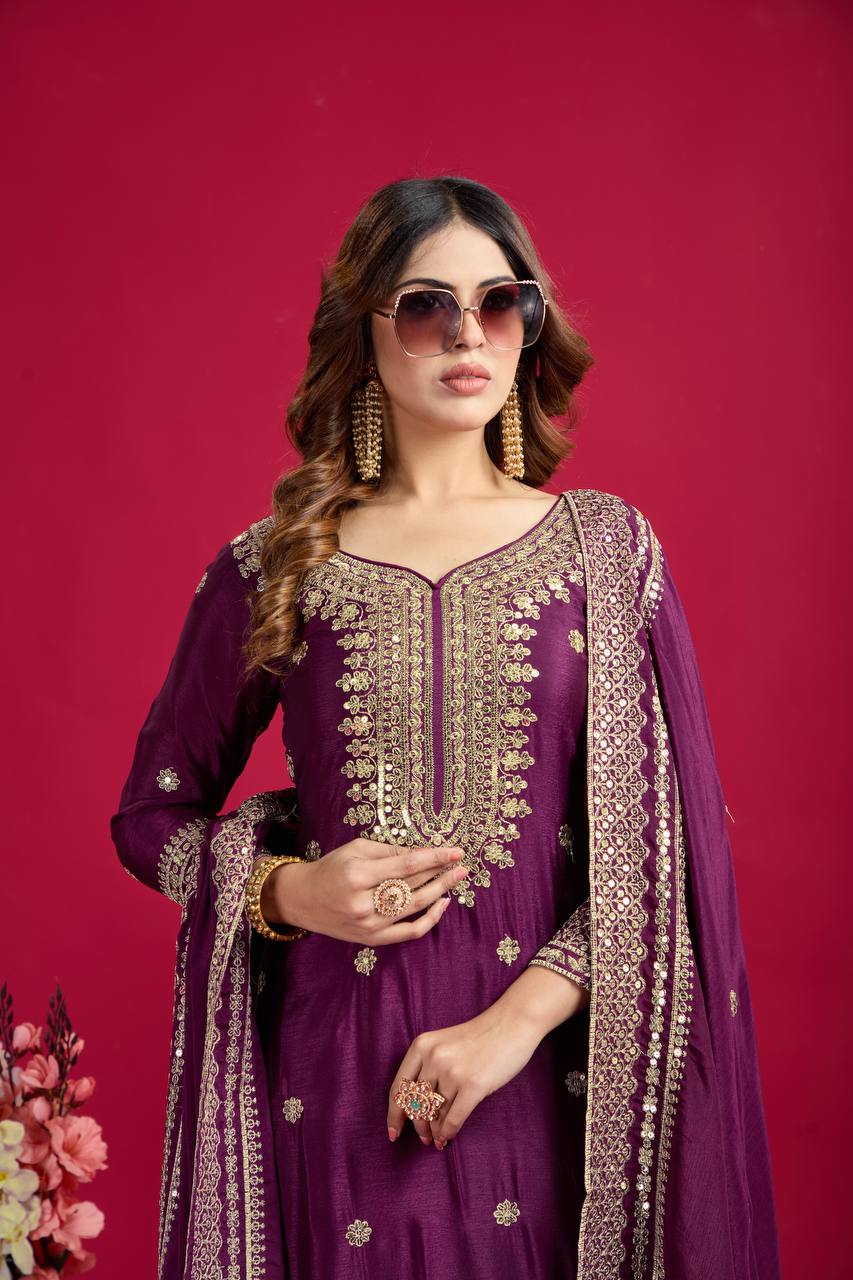Lehenga Mart Chinon Silk Embroidery Sequence Work Top-Palazzo And Dupatta Set - Wine