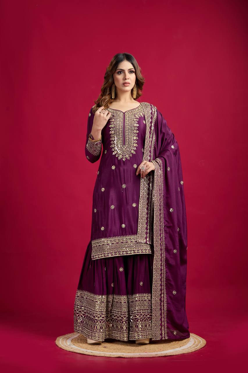Lehenga Mart Chinon Silk Embroidery Sequence Work Top-Palazzo And Dupatta Set - Wine